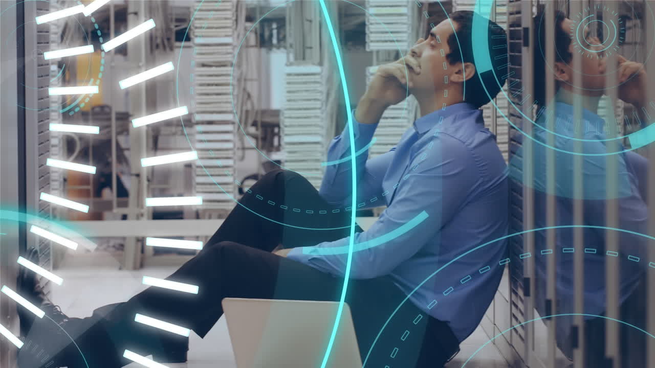 바닥에 앉아있는 남자와 미래의 원의 한가운데에 5g가 쓰여져 있습니다.