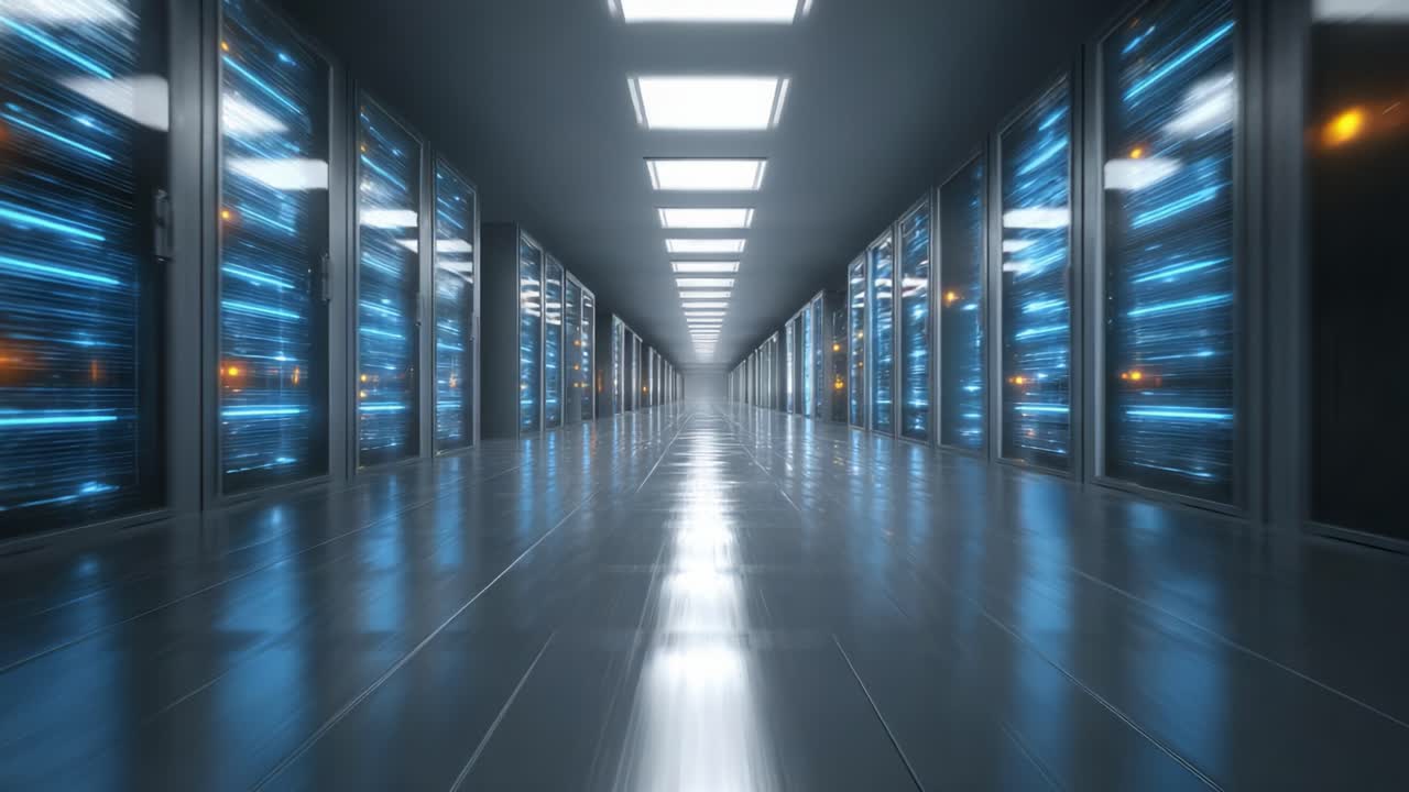 A Glimpse Into the Future of Data Storage: Illuminated Server Room Corridor Showcasing High-Tech Networking and Sophisticated Infrastructure