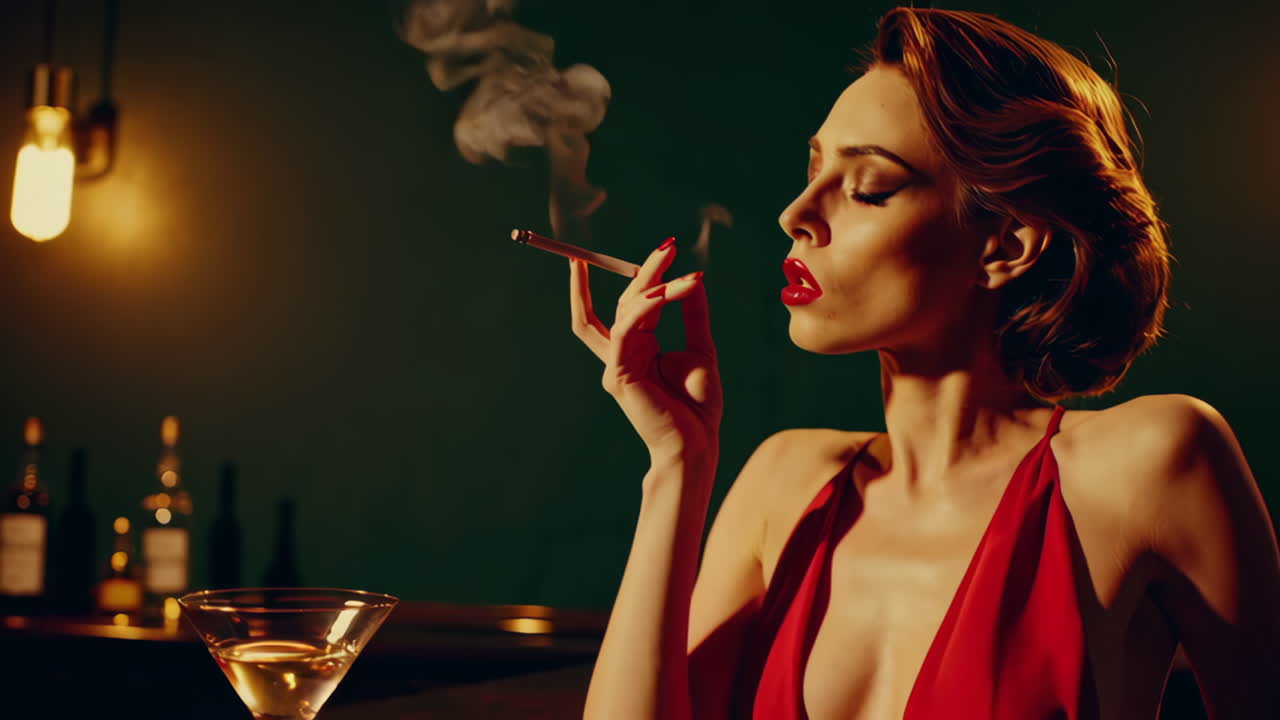 Woman in a Red Dress Smoking at a Bar