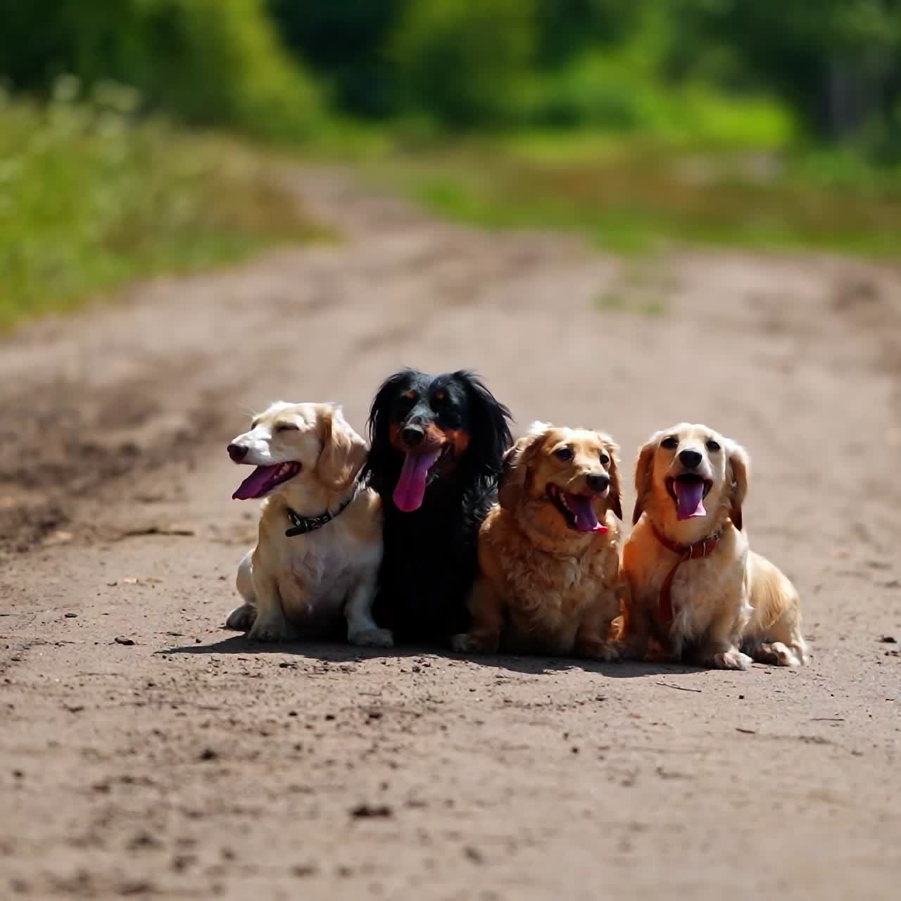 Pet animals outdoors. Dachshund dogs sitting together on a road in bright summer day. Four adorable dogs resting in the street.