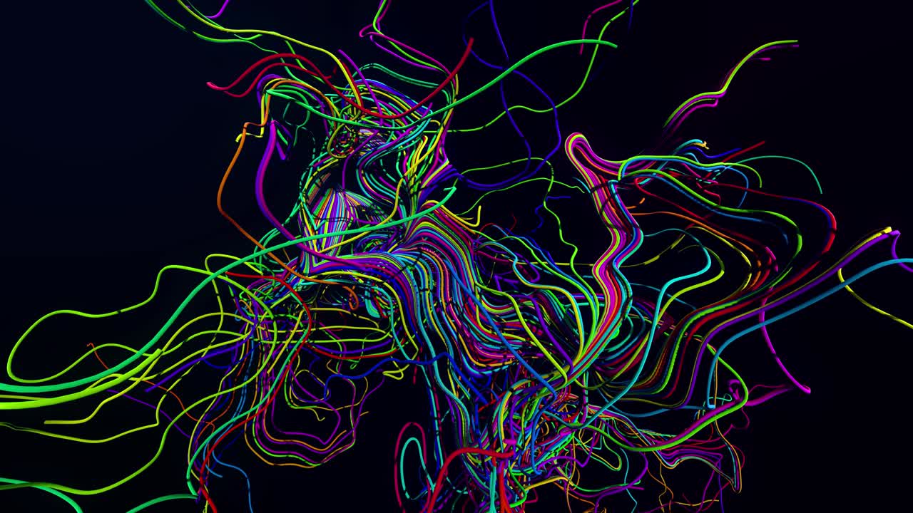 señales ai. 4k abstracto en bucle bg. flash multicolor de líneas curvas. concepto de red neuronal, inteligencia artificial. corriendo luces de neón como guirnaldas o relámpagos. luma mate como canal alfa