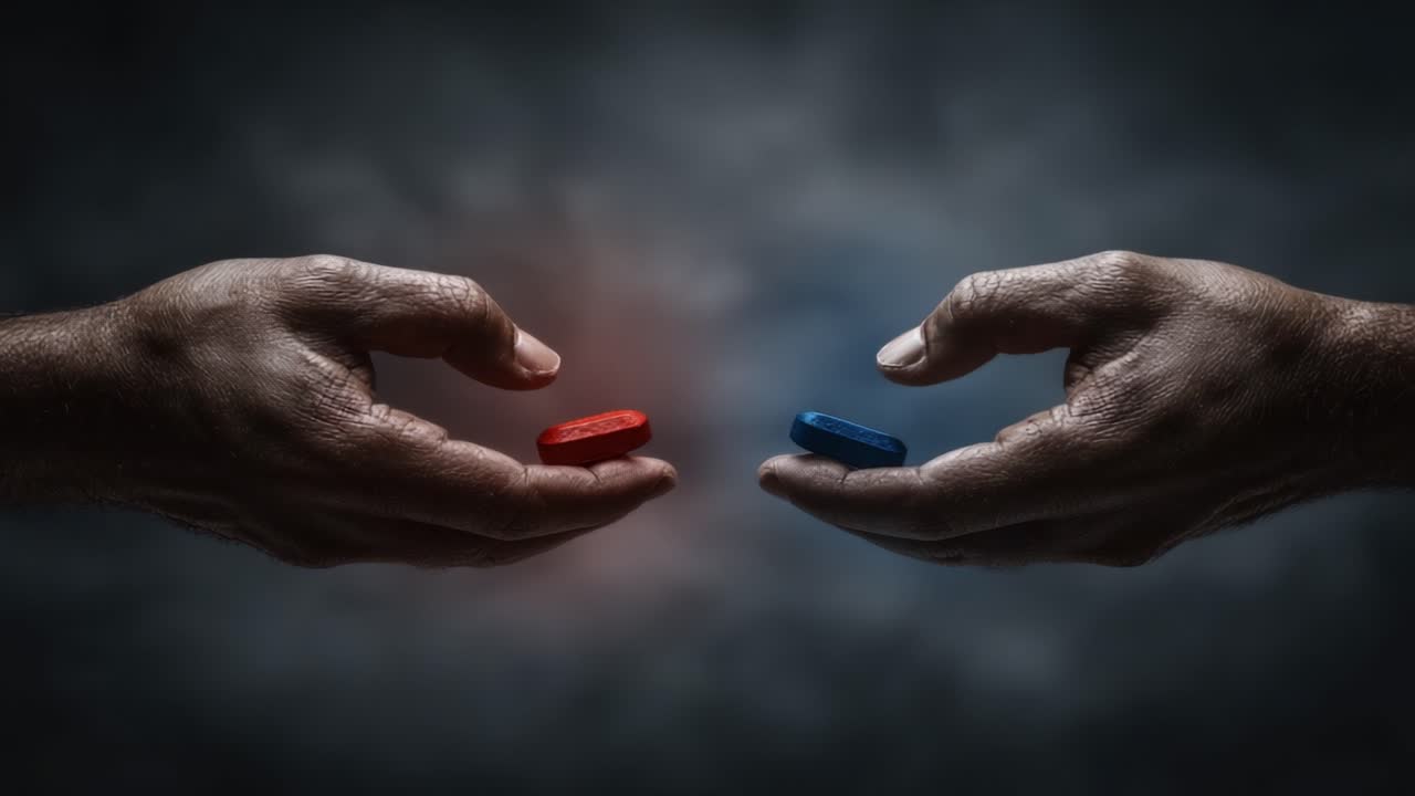 Una decisione difficile: il momento della scelta tra due percorsi simboleggiati da pillole rosse e blu offerte da mani protese in un'atmosfera oscura.
