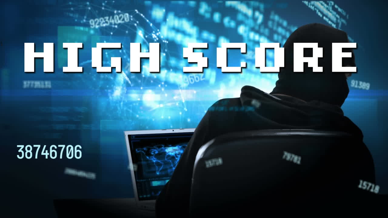 Animation of high score text and data processing over hacker using computer