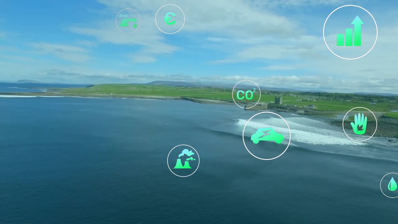 Drone capturing coast starting droplet drifting data icons fading, settling into grid metric shifts