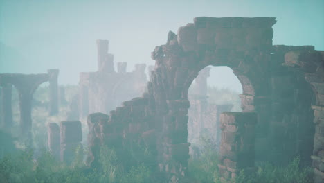 misty ruins: ancient stone structures in foggy landscape