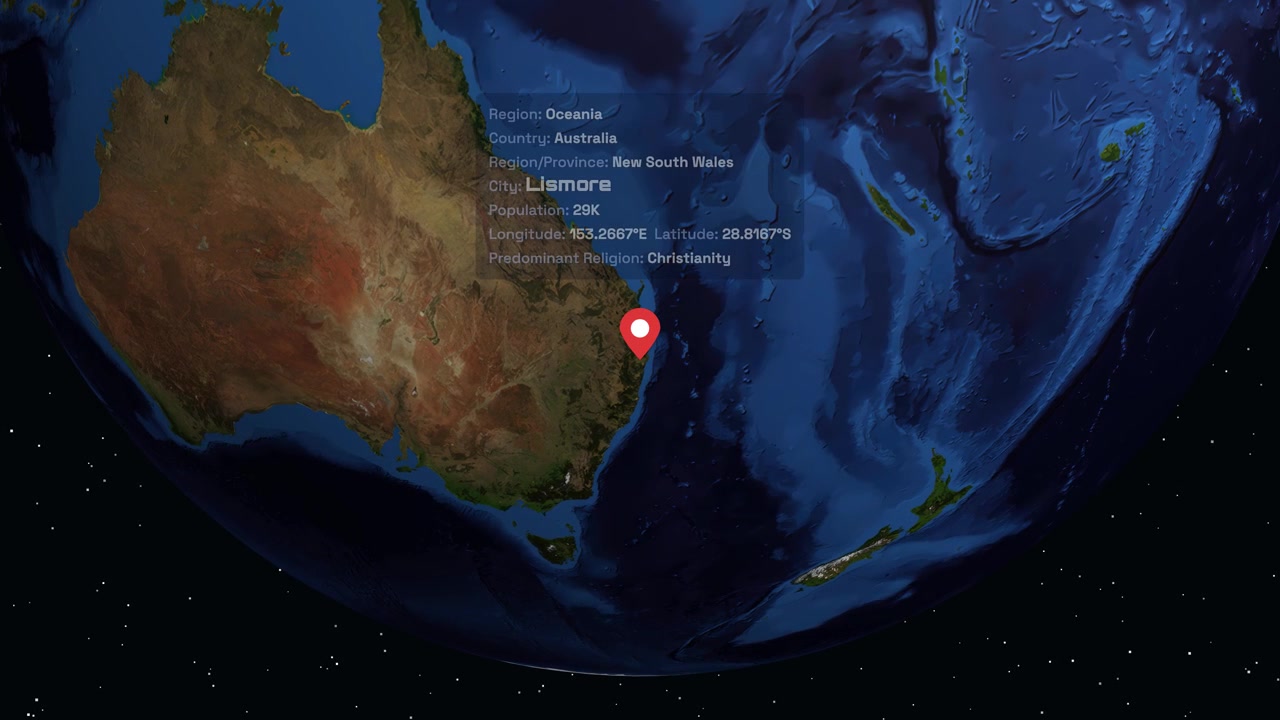 Digital globe rotates and zooms into Lismore Australia with geographic data and location pin