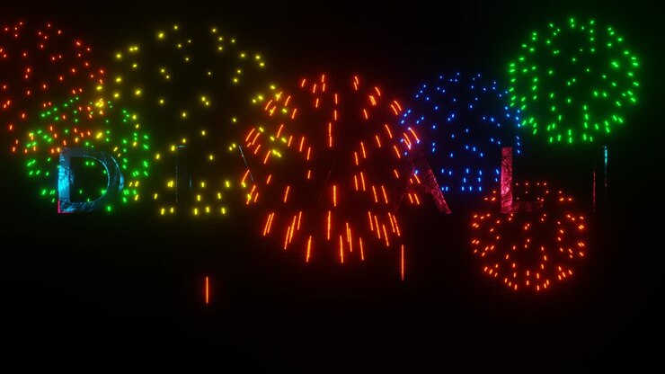 Animazione video 4K del testo DIWALI con grafica in movimento all'indietro e fuochi d'artificio colorati sullo sfondo.