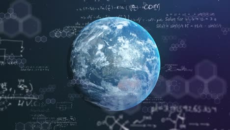 Mathematical-equations-and-chemical-structures-floating-over-globe-against-blue-background