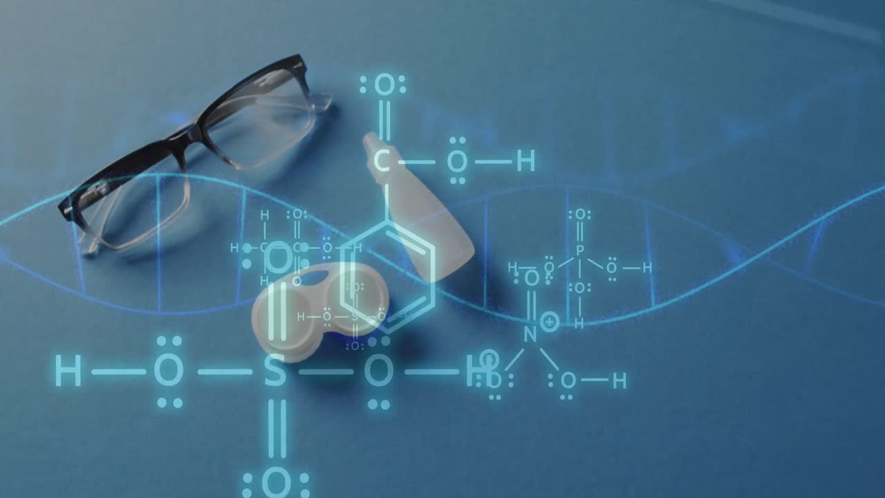 유리와 콘택트 위의 화학 구조와 dna  ⁇ 의 애니메이션