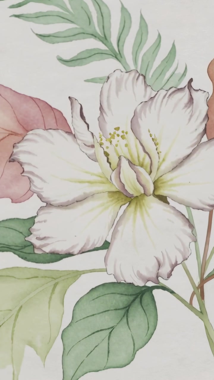 Video verticale: Telecamera che si muove a destra su una parete interna, rivelando un fiore bianco dipinto e una foglia rosa.