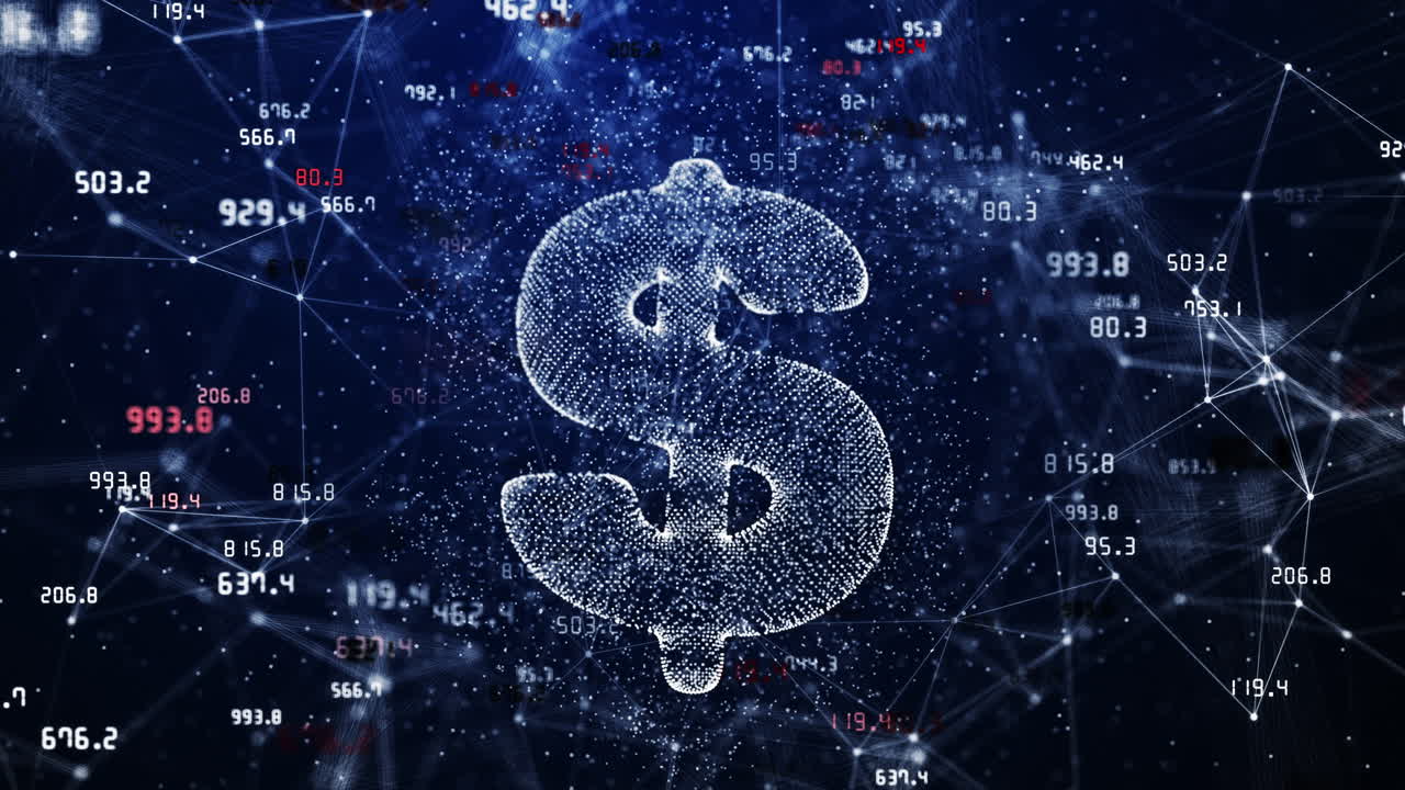 3D hologram of dollar icon on blue background with plexus lines and dots. Values of financial indicators of stock exchange are constantly changing. Abstract space motion graphics.
