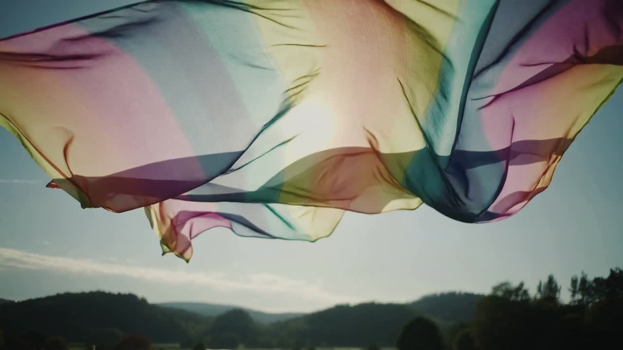 Billowing translucent multicolored scarf riding gusting wind, catching sun backlight over meadow