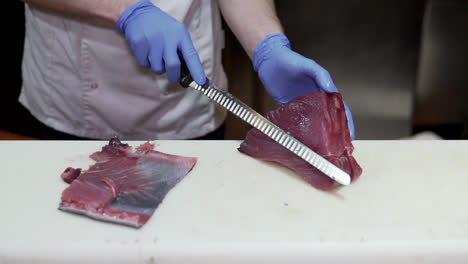 Cut-up-tuna-steak,-slow-motion-1080p