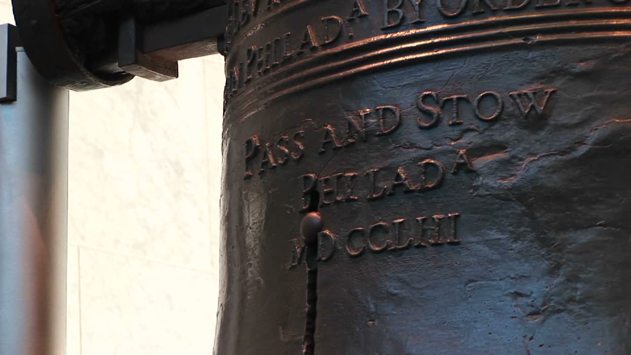 la cámara se desplaza hacia abajo desde los nombres de los fundadores que lanzaron la campana de la libertad john stow y john pass hasta la grieta que comienza en la parte inferior