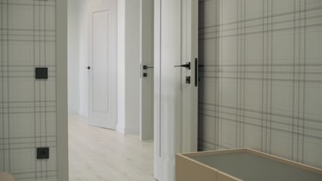 elegant modern hallway with plaid wallpaper and white doors, showcasing minimalist interior design and clean lines