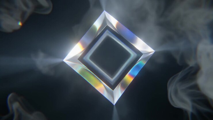 Rotating Glass Cube Surrounded by Swirling Smoke