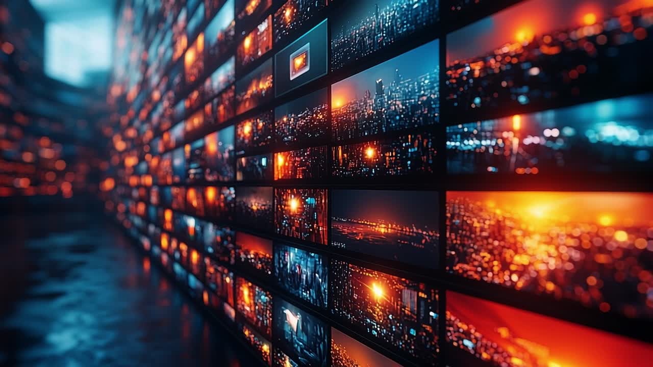 Colorful cityscapes online. Colorful screens showcase dynamic cityscape visuals in a modern gallery setting, emphasizing unique urban experiences.