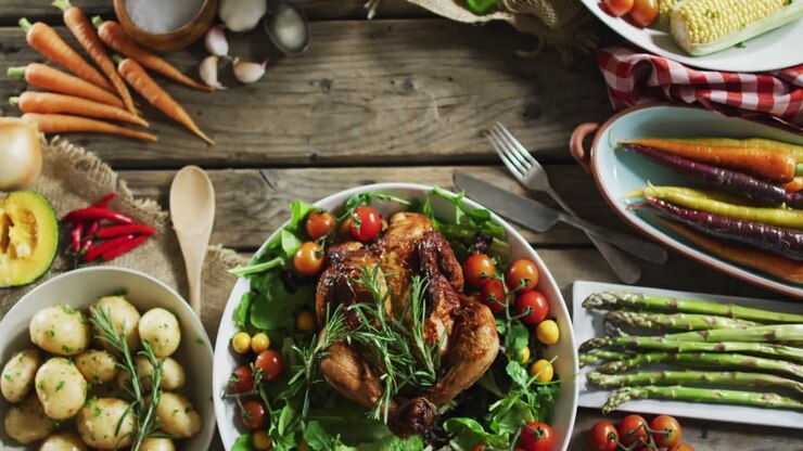 Vista ravvicinata di pollo cotto e diversi ingredienti alimentari su superficie di legno.