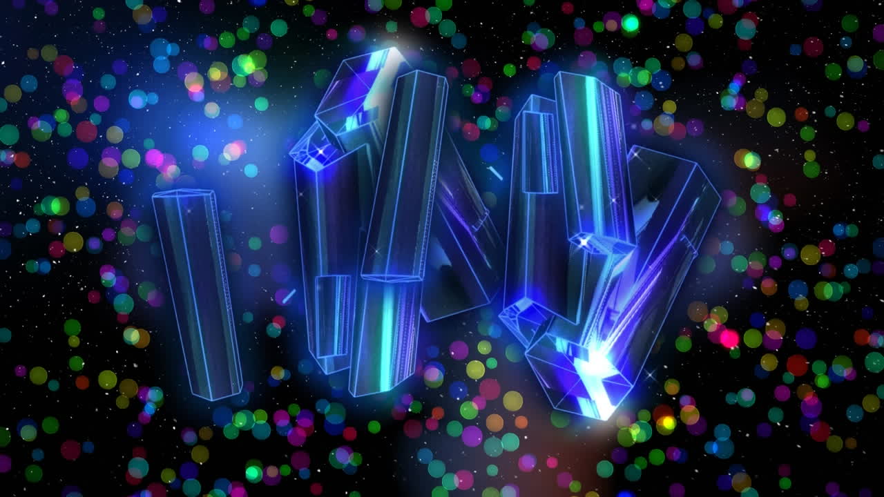 검은색 배경에 크리스탈과 밝은 반점 위에 떨어지는 눈의 애니메이션.