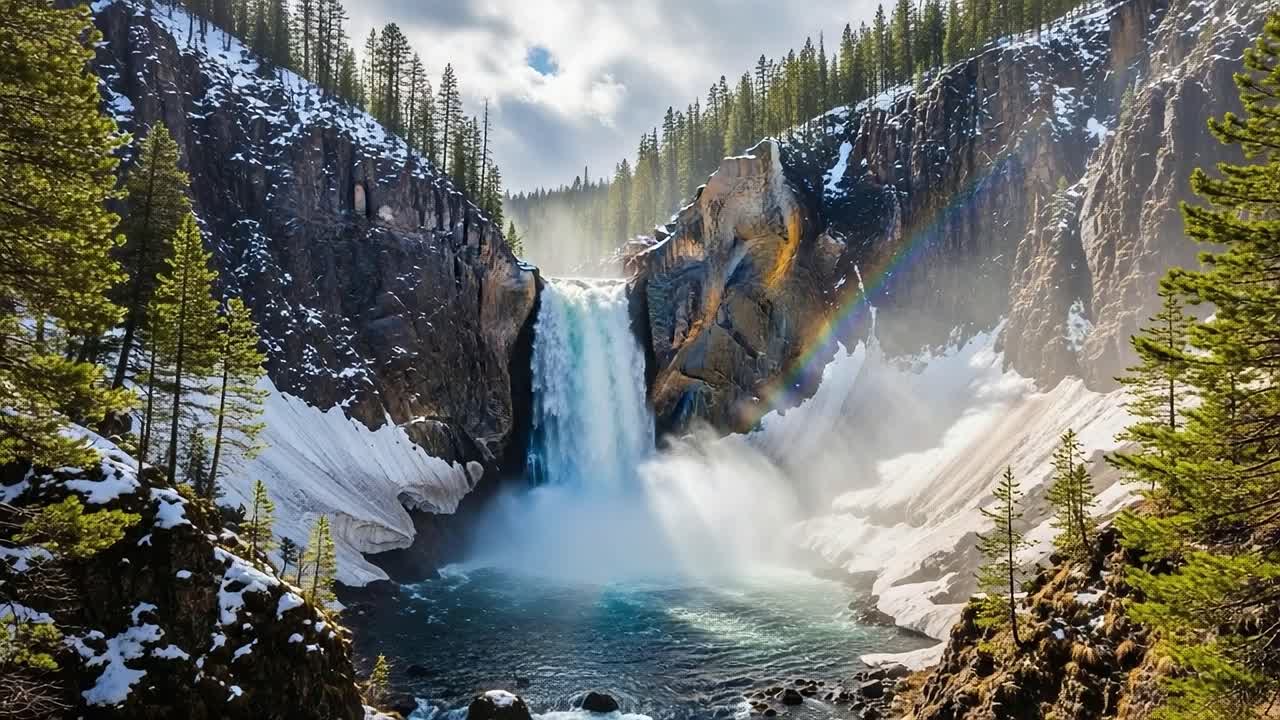 Spectacular Waterfall Cascading Amidst Majestic Cliffs and Vibrant Forests with a Beautiful Rainbow in a Picturesque Nature Setting