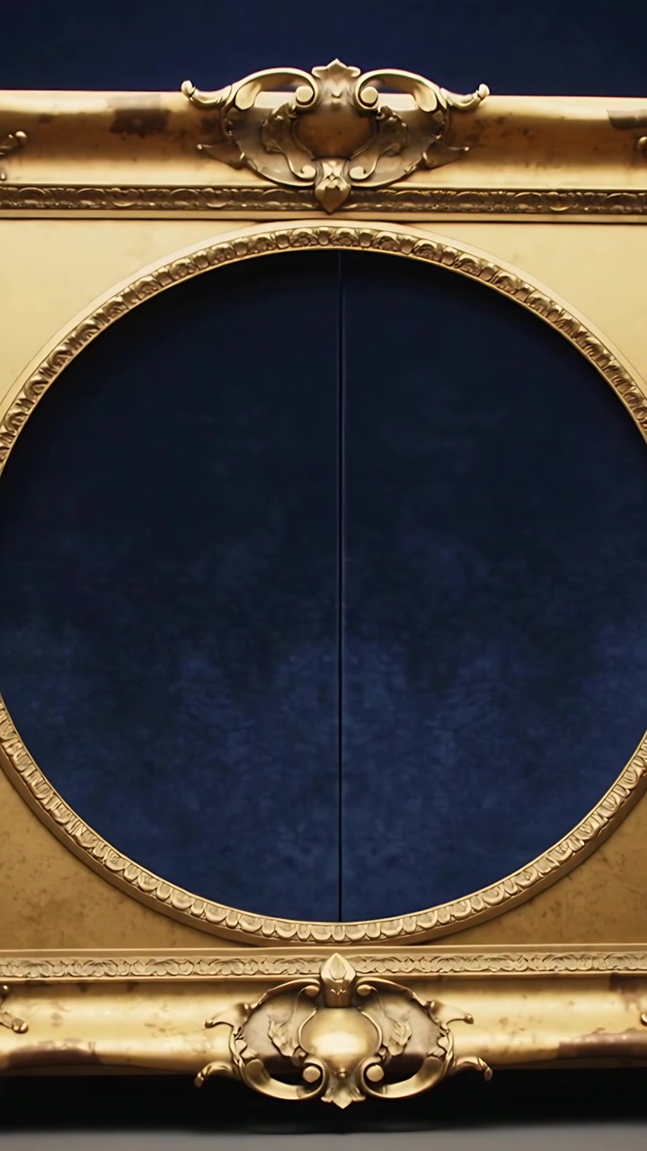 Video verticale: La telecamera si sposta per centrare una cornice dorata in studio, con una striscia scura che scende su uno sfondo blu.