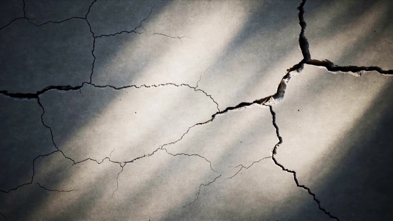 Sweeping diagonal sunlight band crossing overhead cracked slab from sun shift, revealing fissures