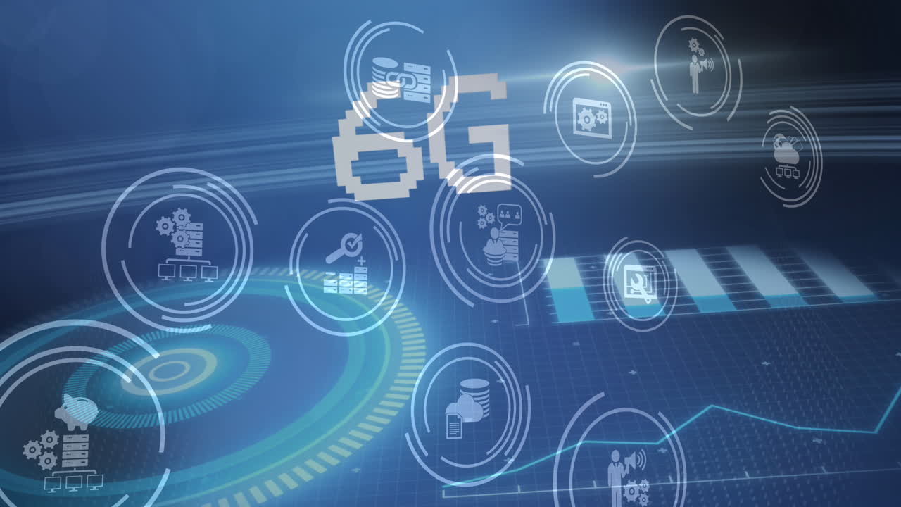 어두운 배경에 차트와 비즈니스 아이콘과 함께 6g 텍스트와 반 ⁇ 이는 인터페이스의 애니메이션