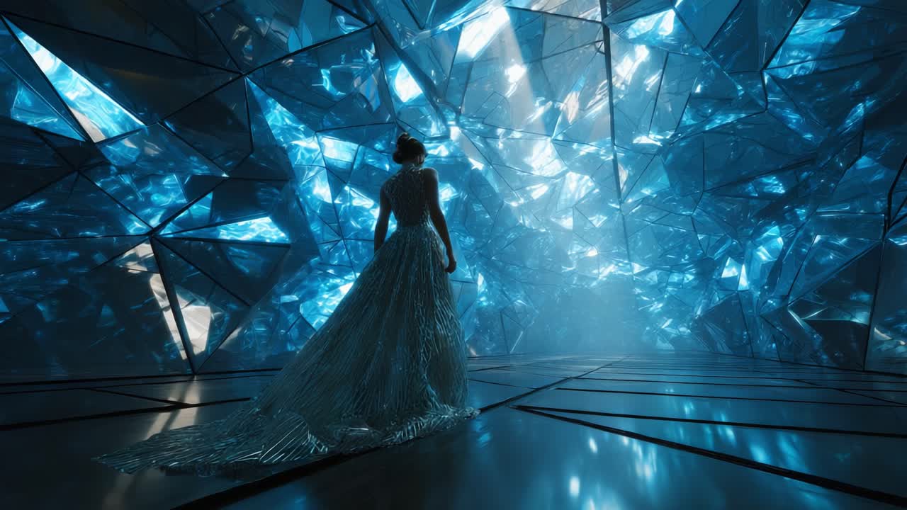 Elegant Woman in Futuristic Crystal Chamber
