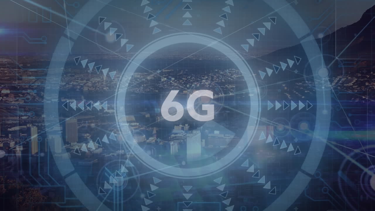 animazione dell'elaborazione dei dati sulla città e testo 6g