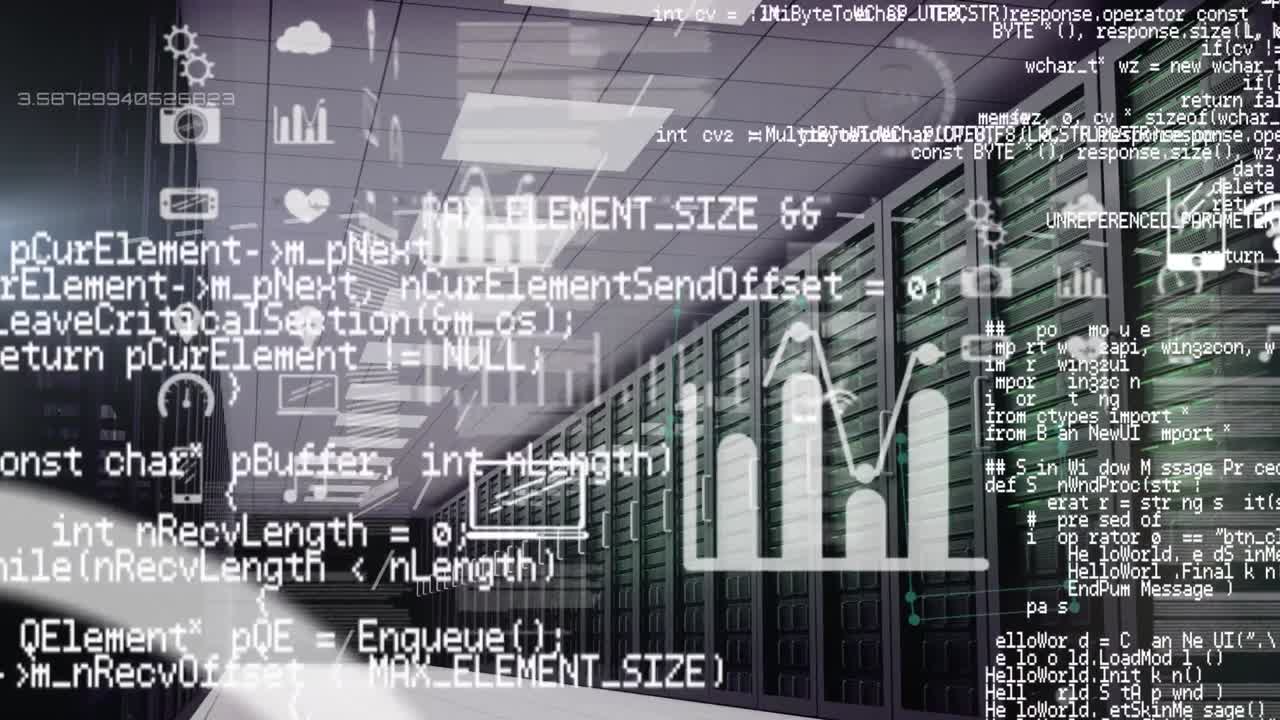 Animation of data processing and media icons over server room
