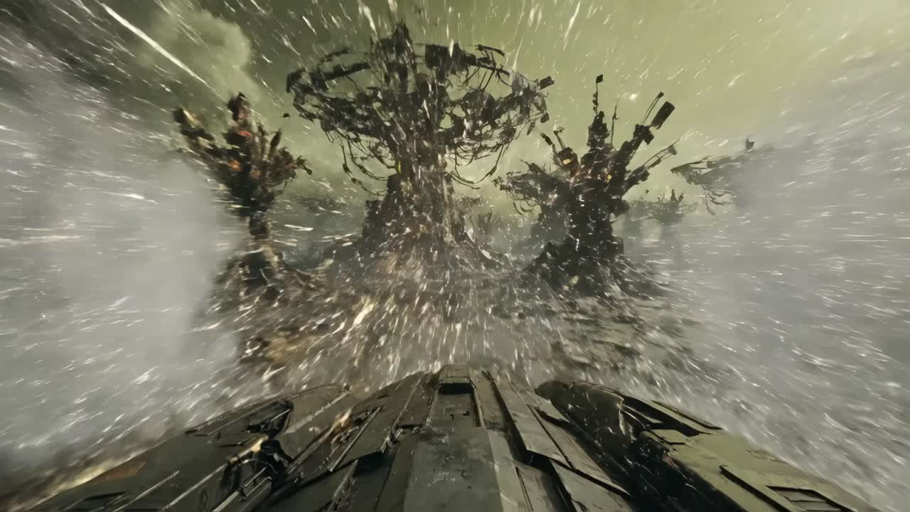 Dystopian Landscape with Spaceship and Explosions