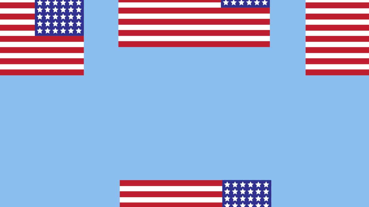 Animation of american flags moving over blue background