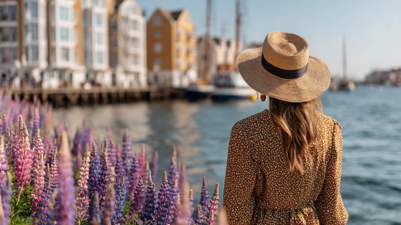 A woman in a stylish hat stands by the water's edge, surrounded by vibrant purple flowers and picturesque buildings, enjoying a serene moment near the harbor
