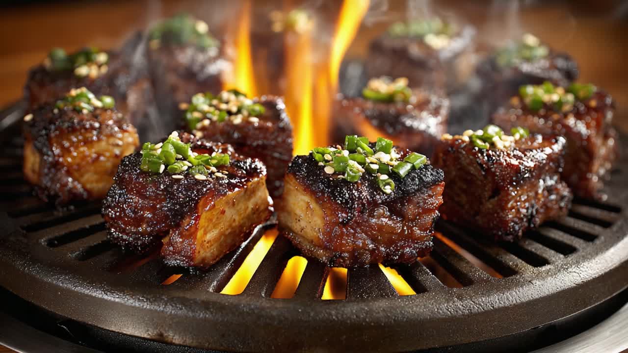 Potongan Daging Panggang Lezat dengan Daun Bawang, Menangkap Esensi Mendesis Masakan Barbekyu di Atas Bara Api