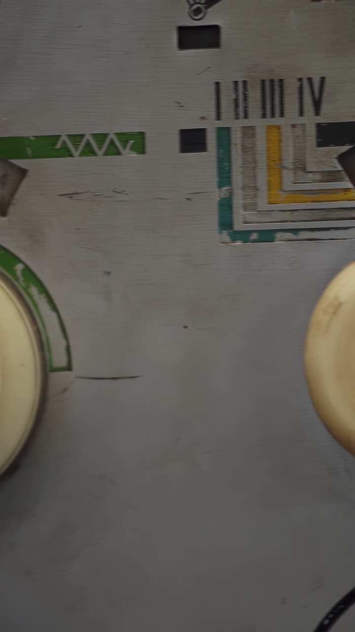 Close-up of an old machine's control panel with a large knob and numerical markings