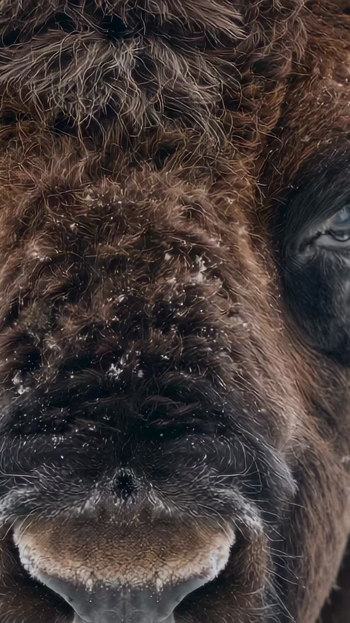 Vertical video: Revealing bison muzzle and nostrils as camera panning right, showing frost on plain