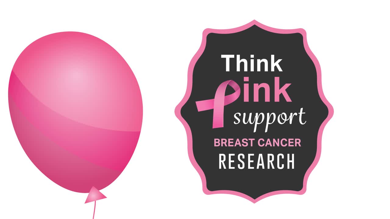 animación de un globo rosa volando sobre el logotipo de la cinta rosa y el texto del cáncer de mama