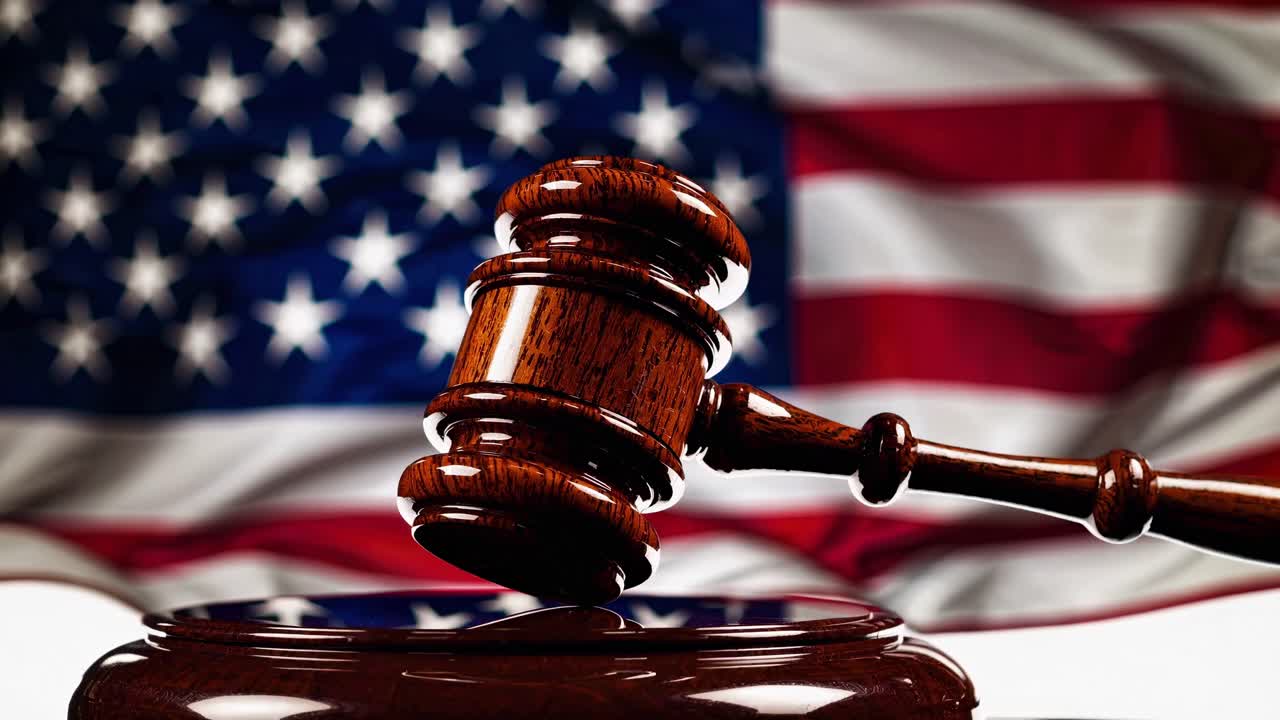 Wooden gavel on a block with a blurred American flag in the background