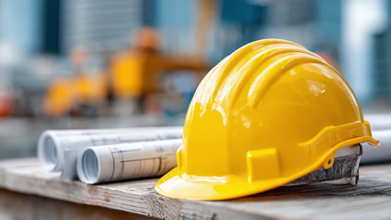 Detailed View of a Yellow Construction Helmet with Architectural Blueprints on a Wooden Surface, Representing Safety and Planning in the Construction Industry