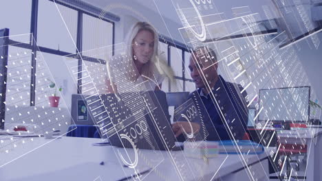 animation of financial data processing over diverse colleagues discussing work in office