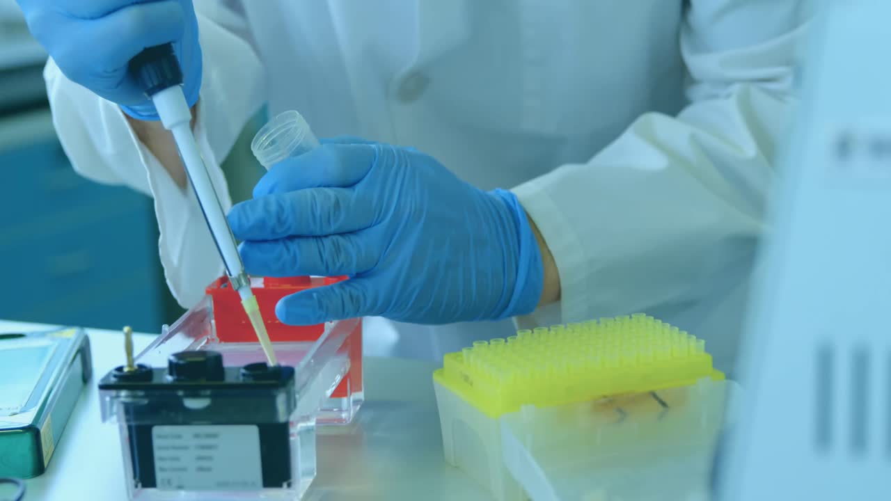 animación del procesamiento de datos y el escaneo del alcance sobre el científico caucásico que toma muestras