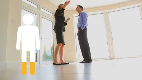 animation of people icon filling up with yellow over man and female estate agent in house