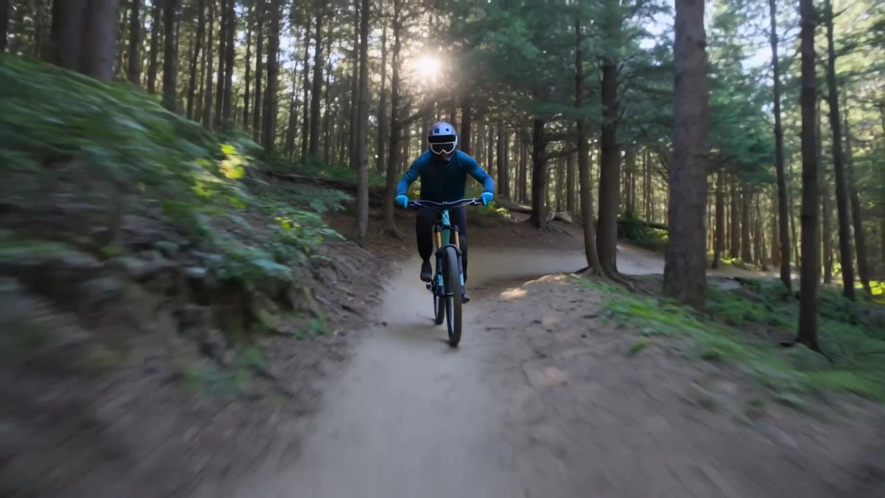 Ciclista con guanti blu che entra in una curva sopraelevata, si dirige verso la telecamera per seguire un sentiero nel bosco su una bici verde acqua.