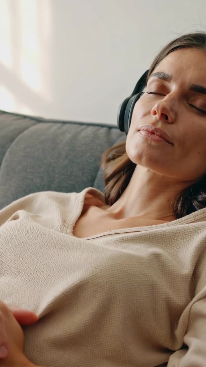 Video verticale: Donna con maglione color cammello indossa le cuffie, sistemandosi su un divano grigio a casa, rilassandosi.