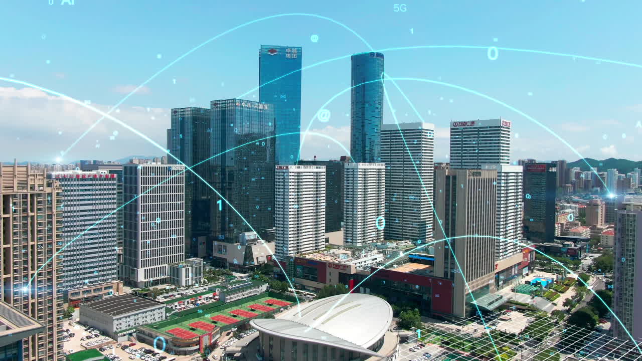 Grattacieli nelle città tecnologiche, Internet delle Cose, intelligenza artificiale, digitalizzazione, Big data, l'era di Internet