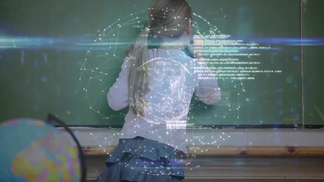 animación de una niña escribiendo en una pizarra sobre el globo girando en el fondo