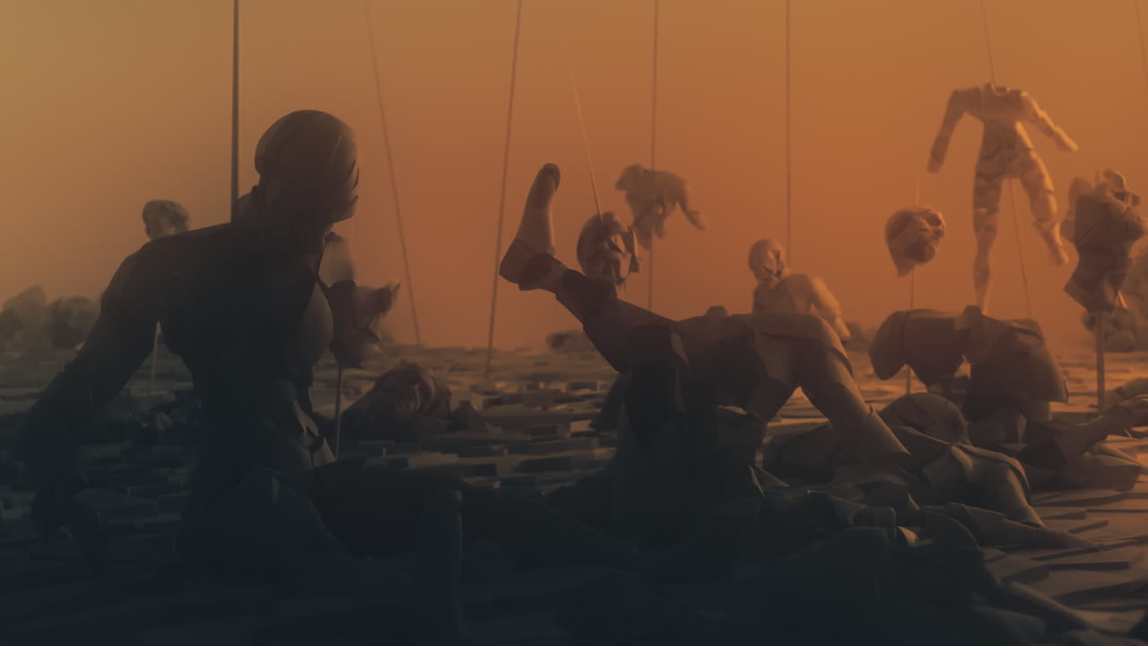 Destroyed andorids on a junkyard in yellow light