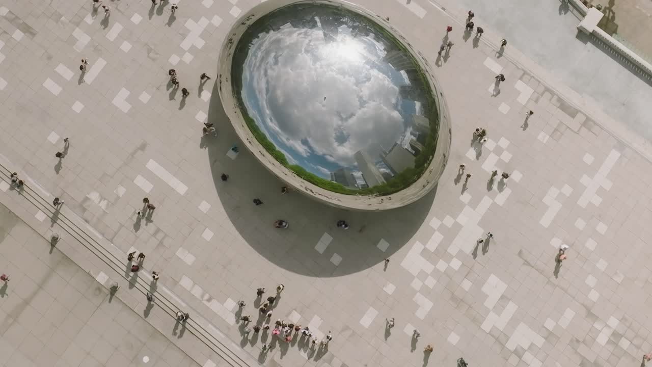 Aerial view of people walking near the Bean in Chicago on a sunny day