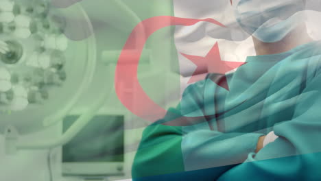 animation of flag of algeria waving over surgeon in operating theatre