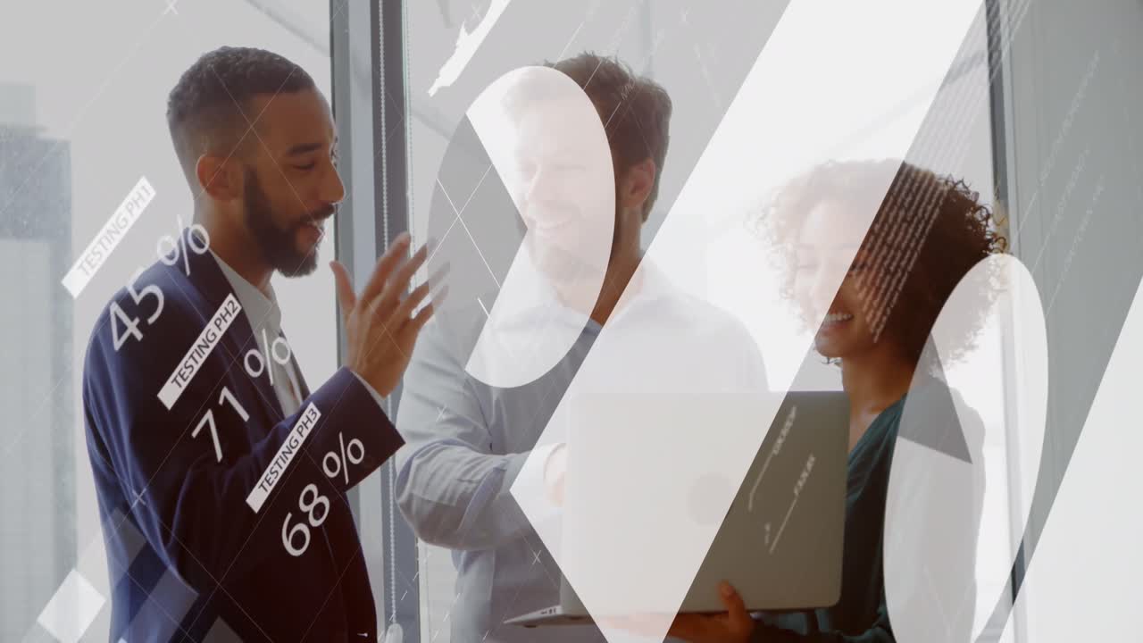 Animation of statistical data processing on diverse businesspeople discussing over laptop at office